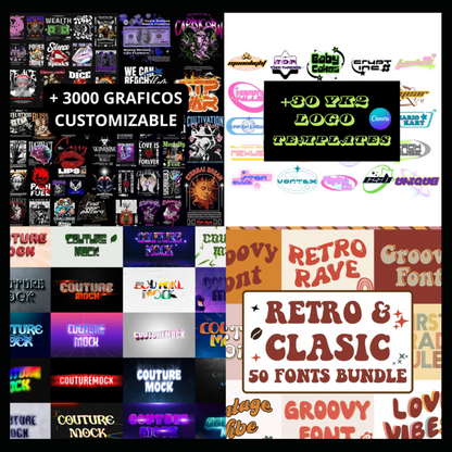 + 3000 CUSTOMIZABLE GRAPHIC DESIGNS FOR YOUR CLOTHING BRAND, + 1000 CUSTOMIZABLE LETTER EFFECTS, + 30 YK2 LOGO TEMPLATE (PERSONALIZE YOUR LOGO)